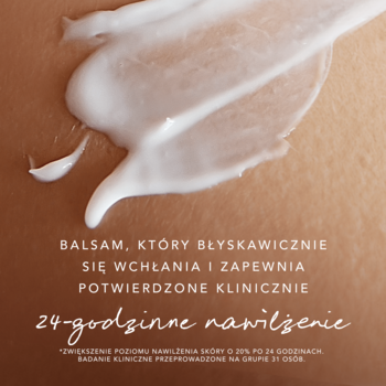 MEXX balsam, biała, szybko wchłaniająca się emulsja na skórze. Tekst: klinicznie potwierdzone 24h nawilżenie.