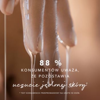 MEXX Inspired Nature olejek do ciała. Dłoń z kapiącym olejkiem i tekstem o 88% jędrności skóry.