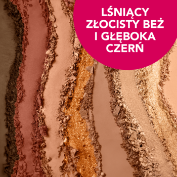 Bourjois Gold Glamour paleta cieni. Zbliżenie na sproszkowane cienie: złocisty beż, brąz i głęboka czerń.