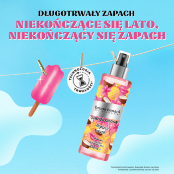 Bruno Banani mgiełka do ciała o długotrwałym, tropikalnym zapachu, zawieszona na sznurku na tle nieba.