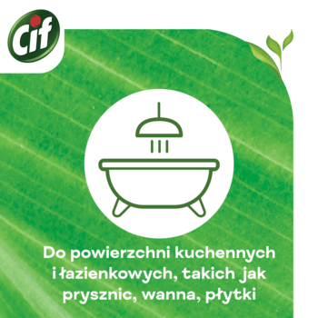 Cif Perfect Finish: zielona grafika z ikoną wanny i prysznica, do powierzchni kuchennych i łazienkowych.
