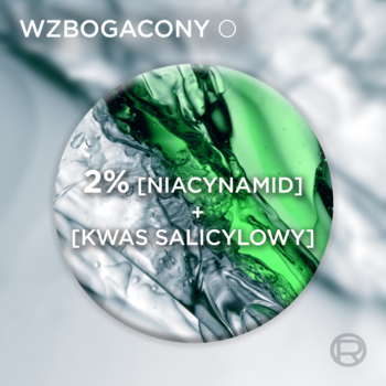 Grafika żelu L'Oréal Men Expert Derma Control: 2% niacynamid i kwas salicylowy jako składniki aktywne.