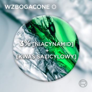 Grafika składników serum L'Oréal Men Expert Derma Control: 3% Niacynamid i Kwas Salicylowy, zielony płyn.