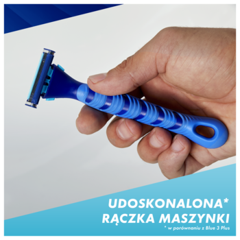 Gillette Sensor 3+ Comfort, zbliżenie na ulepszoną niebieską rączkę maszynki, trzymaną w dłoni.