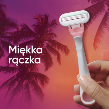 Różowo-biała maszynka Gillette Venus Miami Vibes dla kobiet z miękką rączką, na tle tropikalnego zachodu słońca.