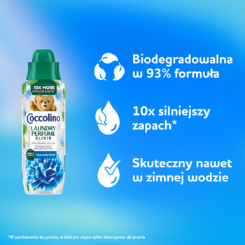 Coccolino Laundry Perfume Elixir, butelka z zieloną nakrętką, 93% bio, 10x silniejszy zapach, działa w zimnej wodzie.
