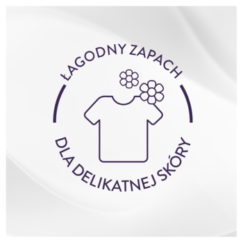 Fioletowe logo płynu Lenor Sensitive: ikona koszulki, chmurki zapachu, napis "Łagodny Zapach, Dla Delikatnej Skóry".