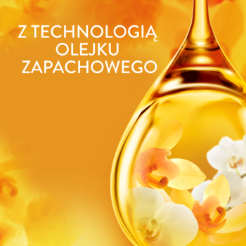 Zbliżenie na złoty olejek Lenor Gold Orchid, w nim orchidee. Widoczny napis: "TECHNOLOGIA OLEJKU ZAPACHOWEGO".