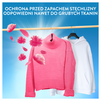 Lenor Fresh Air Pink Blossom, płyn. Różowy sweter i biała bluza wiszą na drążku, otoczone różowymi płatkami.