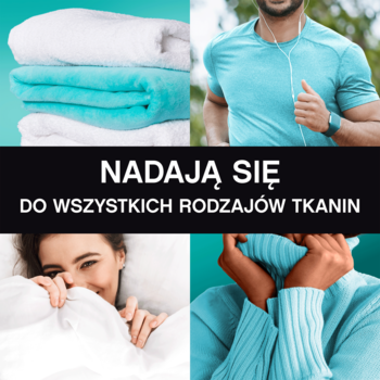 Lenor Unstoppables Fresh: kolaż tkanin (ręczniki, sport, pościel, sweter). Napis: Nadają się do wszystkich rodzajów tkanin.