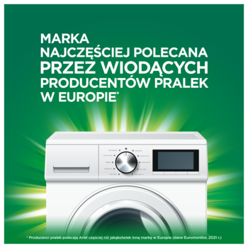 Pralka na zielonym tle, z hasłem 'Ariel: marka najczęściej polecana przez producentów pralek w Europie'.