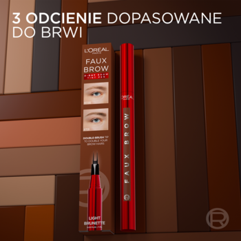 L'Oreal Faux Brow pisak Light Brunette, stojący obok czerwonego opakowania na tle brązowych desek.
