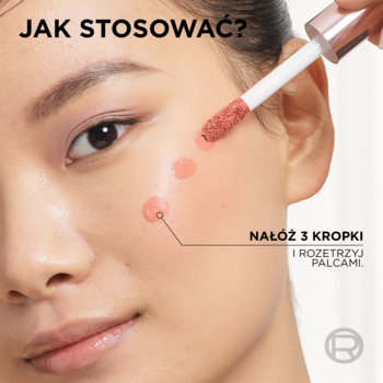 Kobieta aplikuje róż w płynie L'Oréal Paris Lumi Le Liquid Blush Warm Peach na policzek, pokazując 3 kropki produktu.