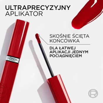 L'Oréal Infaillible błyszcząca pomadka w płynie, zbliżenie aplikatora ze skośną końcówką, czerwone opakowanie.