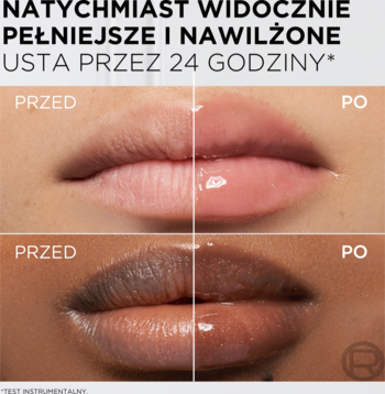 Porównanie ust przed i po aplikacji olejku L'Oréal Paris Plump Ambition, widocznie pełniejsze i nawilżone.