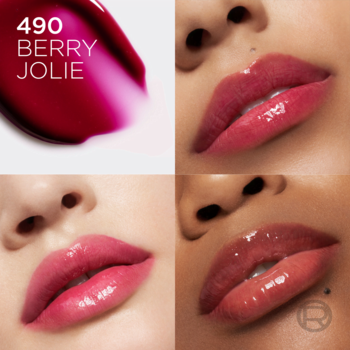 490 BERRY JOLIE olejek do ust L'Oréal Paris Plump Ambition: swatch i trzy ujęcia błyszczących, pełnych ust.