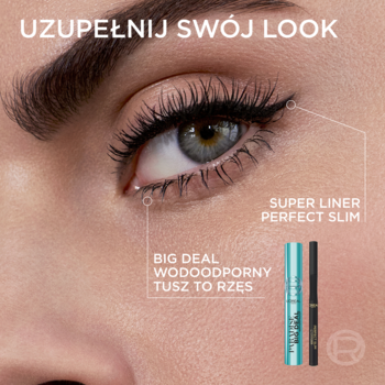 Oko kobiety z podkreślonymi rzęsami i kreską. Obok wodoodporny tusz Big Deal i eyeliner Super Liner Perfect Slim L'Oréal.