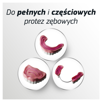 Różowo-białe ilustracje: pełna górna, dolna i częściowa proteza zębowa. Dla kremu Blend-a-dent Plus.