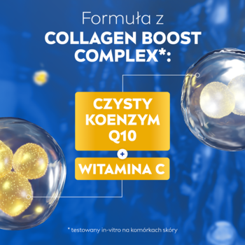NIVEA Q10 ujędrniający balsam. Grafika: Formuła z Collagen Boost Complex, Koenzym Q10 i Witamina C na niebieskim tle.