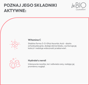 Grafika beBIO z opisem składników aktywnych toniku rozświetlającego: witaminy C i hydrolatu z neroli, ich działania.