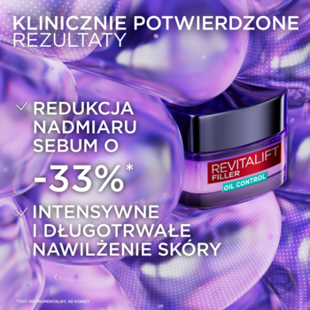 L'Oréal Revitalift Filler Oil Control, krem redukujący sebum o -33%, intensywnie nawilżający. Widok z przodu.