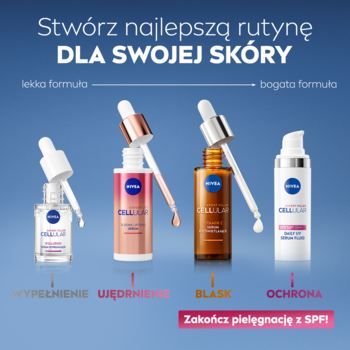 Cztery serum NIVEA CELLULAR (wypełnienie, ujędrnienie, blask, ochrona) na niebieskim tle, od lekkiej do bogatej formuły.