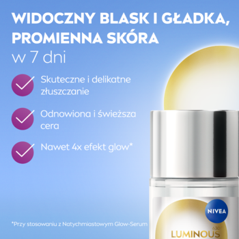 Srebrna butelka NIVEA LUMINOUS Esencja w płynie na niebieskim tle z obietnicą blasku w 7 dni.