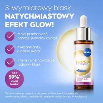 Nivea Luminous630 Skin Glow Serum rozświetlające, amberowa butelka z pipetą, na tle glow, natychmiastowy blask.