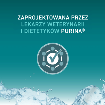 Purina ONE HYDRALIFE dla kota. Tekst: zaprojektowana przez weterynarzy Purina. Ikona jakości na teal tle, splash wody.