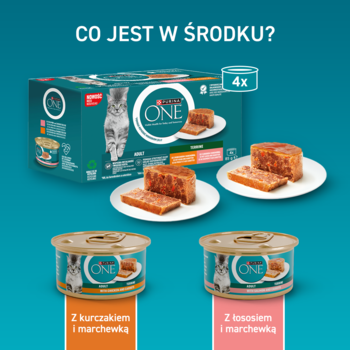 PURINA ONE mokra karma dla kota, terrine z kurczakiem i łososiem, widok na pudełko i puszki na niebieskim tle.