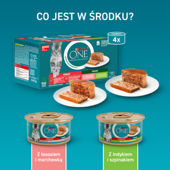 PURINA ONE Sterilcat ,karma pełnoporcjowa mokra dla wysterylizowanych kotów pasztety gotowane na parze, z łososiem i marchewką oraz z indykiem i szpinakiem,rich-content-3