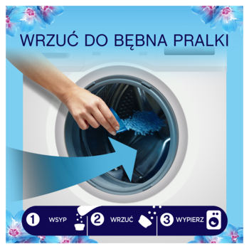 Ręka wsypuje niebieskie perełki zapachowe Lenor Spring Awakening do bębna pralki. Instrukcja użycia.