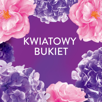 Grafika Lenor Kwiatowy Bukiet: fioletowo-różowe róże i hortensje otaczające napis 'KWIATOWY BUKIET' na purpurowym tle.