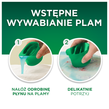 Instrukcja wstępnego wywabiania plam płynem Ariel Color: dolewanie płynu i delikatne pocieranie zieloną nakrętką dozującą.