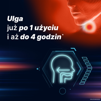 Reklama Orofar ULTRA na ból gardła. Dynamiczna grafika profilu głowy z hasłem: ulga już po 1 użyciu i do 4 godzin.