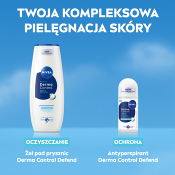 Nivea Derma Control Defend: żel pod prysznic (oczyszczanie) i antyperspirant (ochrona) na niebieskim tle z chmurami.