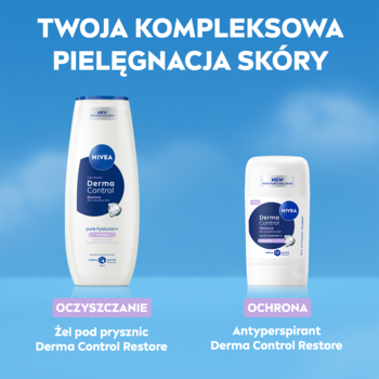 NIVEA Derma Control Restore: biały żel pod prysznic i antyperspirant dla skóry wrażliwej, na błękitnym tle.