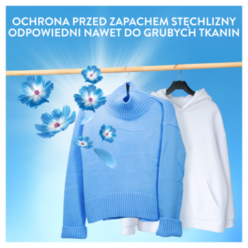 Lenor Fresh Air Fresh Wind płyn. Niebieski i biały sweter na sznurku, unoszą się kwiaty świeżego zapachu, ochrona przed stęchlizną.