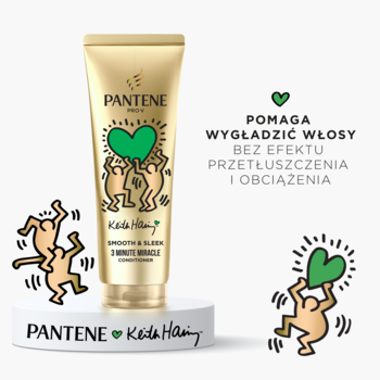 Złota tuba odżywki Pantene Pro-V Smooth & Silky 3 Minute Miracle Keith Haring, z figurkami, na białym tle.
