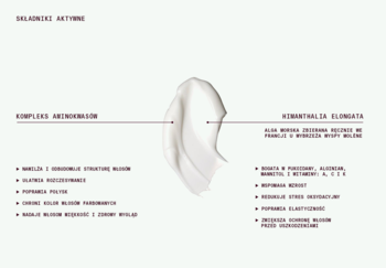 Biała, kremowa tekstura maski nawilżającej Heiki Heiki, z opisami składników aktywnych: aminokwasów i alg.