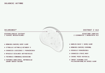 Diagram składników serum Heiki: Sclareance™ z szałwii i algi, wokół kropli płynu, na białym tle.