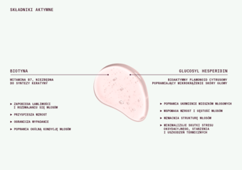 Grafika Heiki: składniki aktywne serum do włosów, Biotyna i Glucosyl Hesperidin z opisem działania.