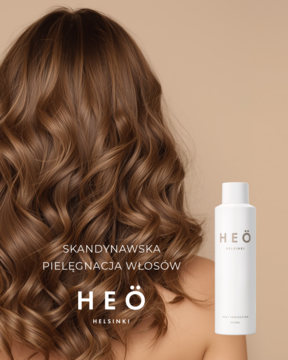 Heö Helsinki spray termoochronny: biała butelka obok kobiety z falującymi brązowymi włosami, widok z tyłu.