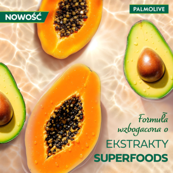 Palmolive Skin Radiance żel, papaja i awokado pływające w wodzie. Napisy: NOWOŚĆ, PALMOLIVE, SUPERFOODS.