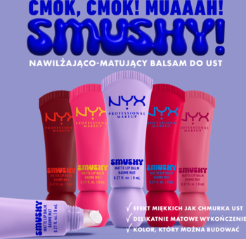 NYX Smushy Matte Lip Balm: pięć kolorowych tubek, jedna ściśnięta z balsamem, na fioletowym tle. Matowy, nawilżający.