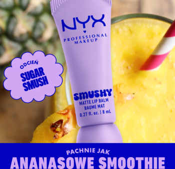 Fioletowy NYX Smushy Matte Lip Balm Sugar Smush, 8ml, o zapachu ananasowego smoothie, na tle koktajlu.