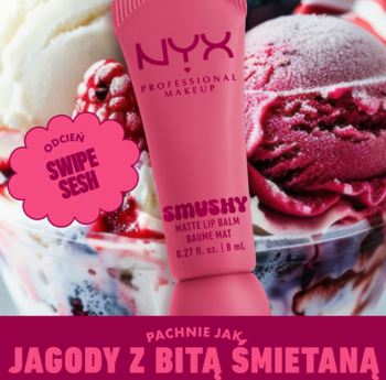 NYX Smushy Matte Lip Balm Swipe Sesh, różowa tubka w lodach z owocami i bitą śmietaną, zapach jagodowy.
