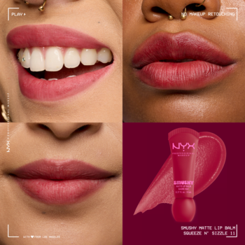 Smushy Matte Lip Balm NYX: trzy modelki z różnymi karnacjami prezentują matowy balsam na ustach, oraz tubka.