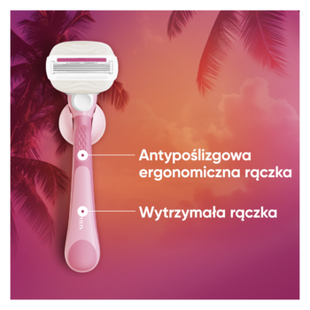 Różowa maszynka Gillette Venus ComfortGlide Miami na uchwycie. Zbliżenie na ergonomiczną, antypoślizgową rączkę.