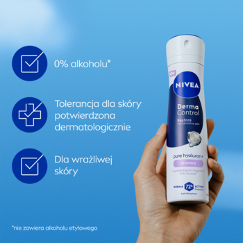Antyperspirant NIVEA Derma Control Restore spray, 0% alkoholu dla skóry wrażliwej, trzymany w dłoni na niebieskim tle.